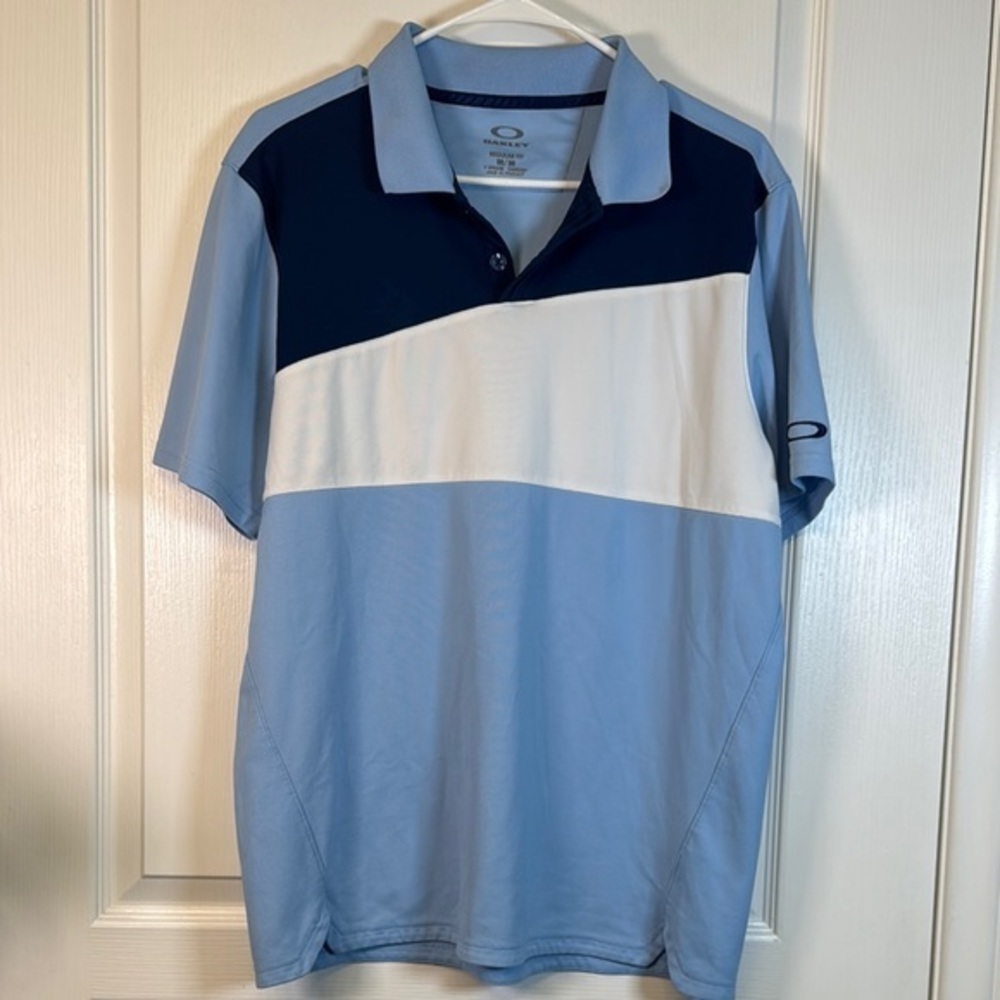 Oakley Blue Color Block Performance Regular Fit Golf Shirt Size Med EUC #2945